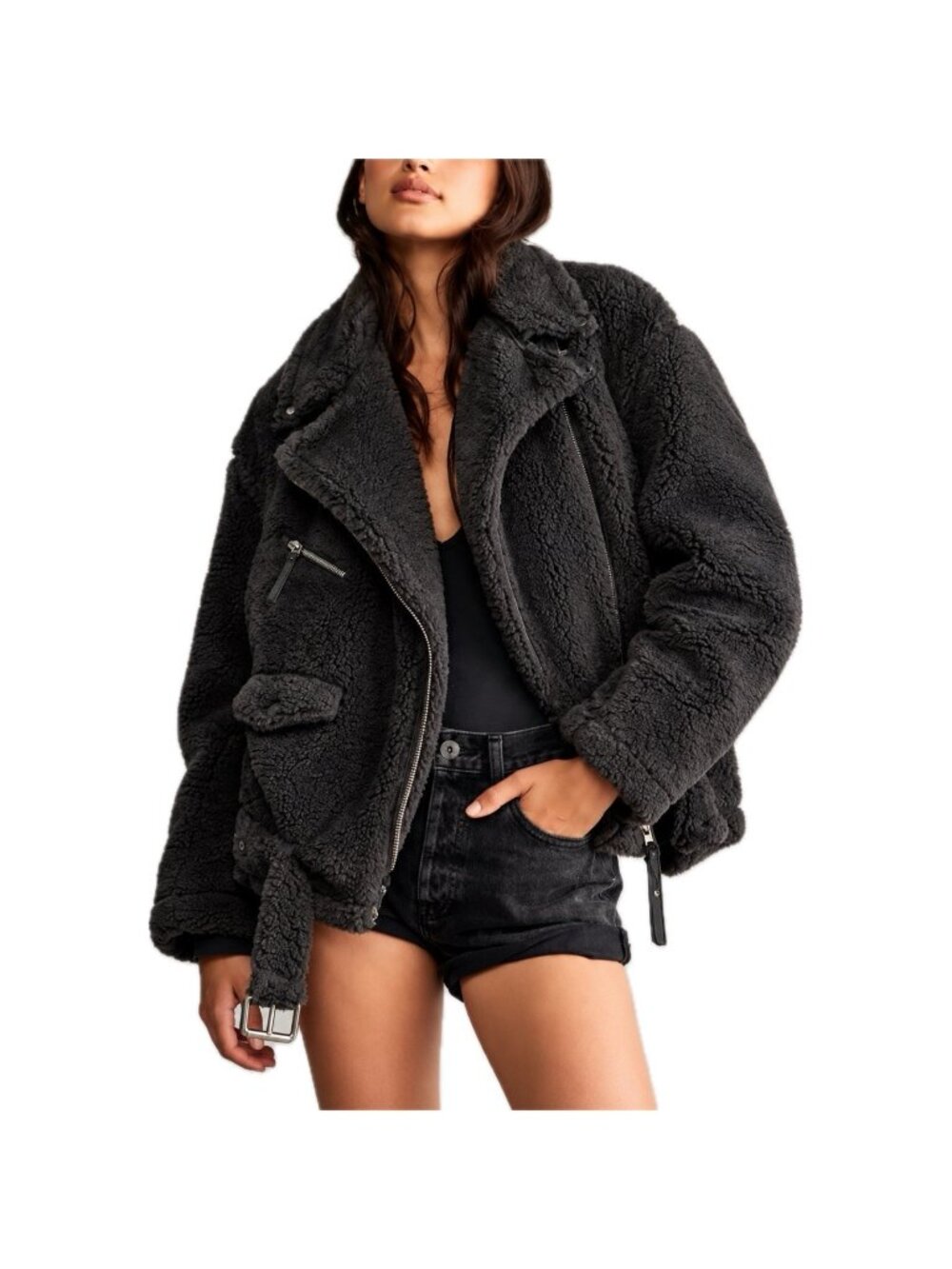 Free People So Cozy Slouchy Sherpa Faux Fur Black Bomber Moto Jacket Sz S